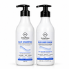 Two white pump bottles of StyleMake Professional hair care products on a white background: a 250 mL bottle of RLM Shampoo on the left and a 250 mL bottle of RLM Hair Mask on the right. StyleMake RLM Shampoo and RLM Hair Mask 250 ml bottles side by side on a white background