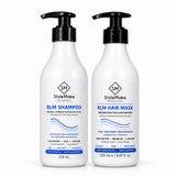 Two white pump bottles of StyleMake Professional hair care products on a white background: a 250 mL bottle of RLM Shampoo on the left and a 250 mL bottle of RLM Hair Mask on the right. StyleMake RLM Shampoo and RLM Hair Mask 250 ml bottles side by side on a white background