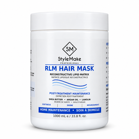 A white plastic bottle of StyleMake Professional RLM Hair Mask with a white label featuring blue and black text and graphics, set against a plain white background. StyleMake Professional RLM Hair Mask 1 L white tub for post-treatment hair care