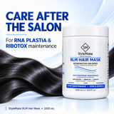 A white jar of StyleMake Professional RLM Hair Mask is shown next to a glossy black hair strand on a light blue graphic background with promotional text reading 'CARE AFTER THE SALON' and 'For RNA PLASTIA & RIBOTOX maintenance.'. StyleMake RLM Hair Mask 1 L beside glossy black hair, presented for RNA PLASTIA and RIBOTOX maintenance