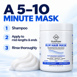 A white jar of StyleMake Professional RLM Hair Mask shown next to a dollop of white mask cream on a light blue background, with large text reading 'A 5-10 MINUTE MASK' and three step-by-step instructions on the left. StyleMake RLM Hair Mask 1 L with 5–10 minute use steps: shampoo, apply to mid-lengths and ends, then rinse