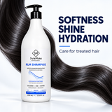 A bottle of StyleMake RLM Shampoo stands on a white background with a large, flowing black hair graphic behind it and promotional text reading 'SOFTNESS SHINE HYDRATION' and 'Care for treated hair.' The product itself is a white pump bottle with blue and black labeling. StyleMake RLM Shampoo 1 L beside flowing dark hair, with text identifying aftercare for RNA PLASTIA and RIBOTOX treatments. StyleMake RLM Shampoo 1 L beside flowing dark hair, with text identifying aftercare for RNA PLASTIA and RIBOTOX treat
