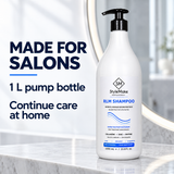 A large white pump bottle of StyleMake Professional RLM Shampoo stands on a marble surface in front of a softly blurred bathroom mirror. Large text on the left reads 'MADE FOR SALONS', '1 L pump bottle', and 'Continue care at home'. StyleMake RLM Shampoo 1 L pump bottle on a salon counter, with a graphic highlighting salon use and continued care at home.