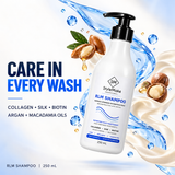 A bottle of StyleMake RLM Shampoo floating over a splash of white cream and blue water graphics, with argan and macadamia oil illustrations and the text 'CARE IN EVERY WASH' and 'COLLAGEN • SILK • BIOTIN ARGAN + MACADAMIA OILS'. Floating StyleMake RLM Shampoo 250 mL bottle with argan nuts, macadamia nuts and a silk ribbon