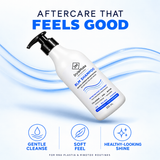 A bottle of Shengde RLM Shampoo with a black pump dispenser, set against a light blue and white background with graphic wave lines and text reading 'AFTERCARE THAT FEELS GOOD' and three feature icons below. Floating StyleMake RLM Shampoo bottle with gentle cleanse, soft feel and shine graphics for salon treatment aftercare