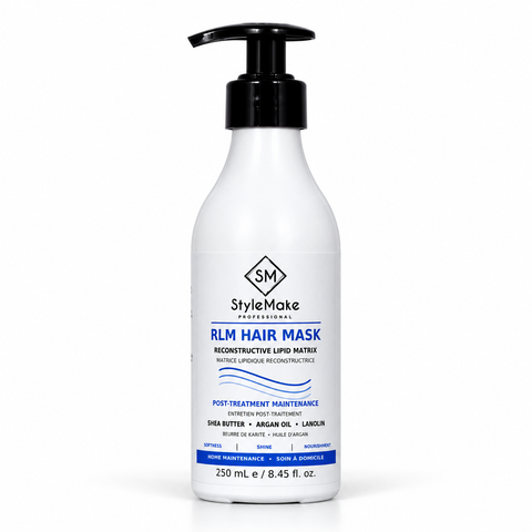 A white pump bottle of StyleMake Professional RLM Hair Mask post-treatment maintenance conditioner with a black pump dispenser, set against a plain white background. StyleMake RLM Hair Mask 250 mL pump bottle, post-treatment hair mask for maintaining softness and shine after salon hair treatments