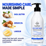 A bottle of StyleMake Professional RLM Hair Mask post-treatment maintenance hair care, shown on a light blue graphic background with ingredient callouts for shea butter, argan oil, and lanolin. StyleMake RLM Hair Mask 250 mL beside shea butter, argan oil and lanolin, ingredients for soft and smooth-feeling hair after salon treatments