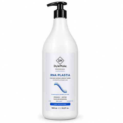 StyleMake RNA PLASTIA 1 L professional nanoplastia hair smoothing treatment pump bottle on a white background