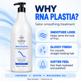 Long smooth dark hair on a clean blue background beside the StyleMake RNA PLASTIA bottle and salon treatment benefits