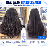 Real salon hair views showing textured dark hair beside a smooth, straight StyleMake RNA PLASTIA treatment result