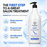 A 1000 ml bottle of StyleMake RESET Professional Pre-Treatment Shampoo on a light blue and white background with promotional text and icons. StyleMake RESET salon shampoo with glossy black hair and blue highlights; deep cleansing, pH adjusted, colour safe.