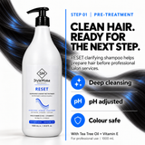 A bottle of StyleMake Reset shampoo on a white background with blue graphic hair strands and promotional text about pre-treatment cleansing. StyleMake RESET salon shampoo with glossy black hair and blue highlights; deep cleansing, pH adjusted, colour safe.